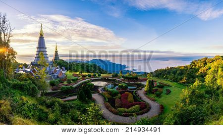 Sunrise scence of two pagoda on the top of Inthanon mountain in doi Inthanon national park Chiang Mai Thailand.