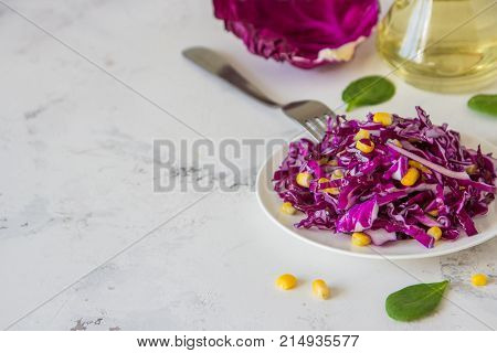 Fresh Red Cabbage Salad With Corn. Vegeterian And Diet Food. Space For Text
