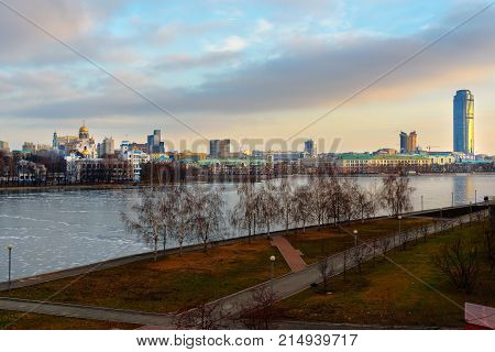 View Of Iset River Embankment On Sunset. Yekaterinburg. Russia