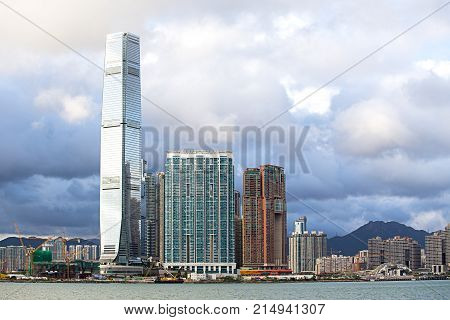 Hong Kong S.A.R.China - September 24 2017: ICC - International Commerce Center the world's fifth tallest building in Kowloon at sunset and reflex .The 100th floor called Sky100 which opened to the public in April 2011