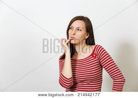 Pretty European Young Worried And Pensive Brown-haired Woman With Healthy Clean Skin, Dressed In Cas