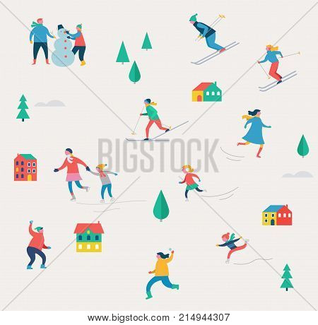 Winter sport scene, Christmas street event, festival and fair, with people, families make fun