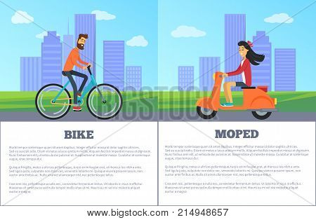 Bike and moped comparing of two personal types of transport. Vector illustration with bicyclist and girl on scooter on city background