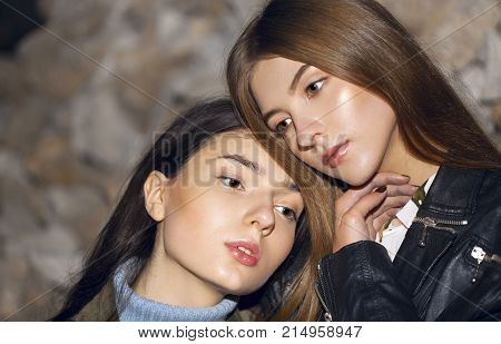 Portrait Of Two Beautiful Girls .friends.closeup Portraits.sisters