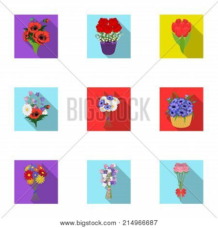 A bouquet of fresh flowers flat icons in set collection for design. Various bouquets vector symbol stock illustration.