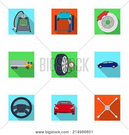 Car, lift, pump and other equipment flat icons in set collection for design. Car maintenance station vector symbol stock illustration .