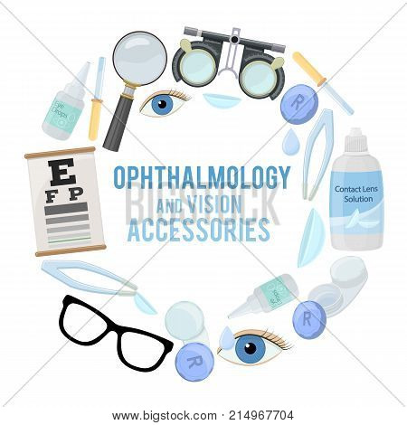 Set of medical optometry accessory for correct vision - contact lens solution lens case eye test chart glasses. Vector