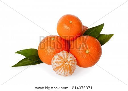 Orange Mandarines, Clementines, Tangerines or small oranges with one peeled with leaves isolated on white background, cut out or cutout