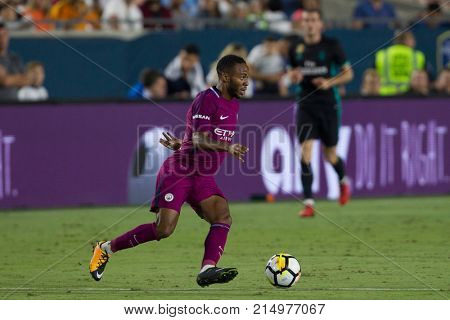 LOS ANGELES, CA - JULY 26: Raheem Sterling during the 2017 International Champions Cup game between Manchester City and Real Madrid on July 26th 2017 at the Los Angeles Memorial Coliseum.