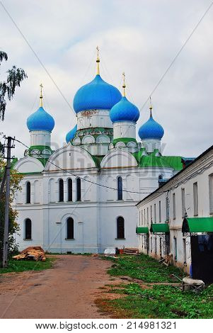 Monastery of the Epiphany in Uglich, Russia. Women's monastery. New Epiphany cathedral. Blue sky with clouds background.
