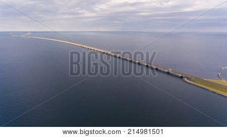 View from above  of Great Belt in Denmark. Cloudy day