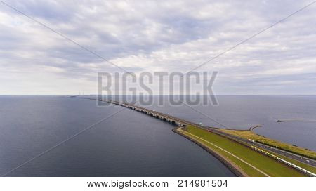 View from above  of Great Belt in Denmark. Cloudy day