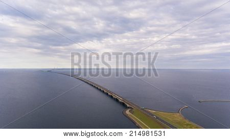 View from above  of Great Belt in Denmark. Cloudy day