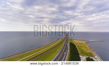 View from above  of Great Belt in Denmark. Cloudy day