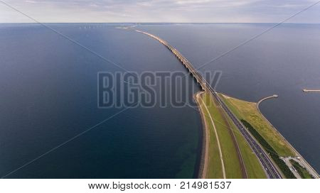 View from above  of Great Belt in Denmark. Cloudy day