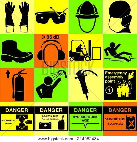 Industrial safety, danger, caution sign set. Illustration.