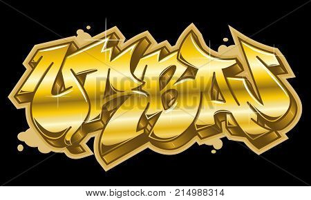 Urban word in readable graffiti style in golden colors. Isolated on black background.
