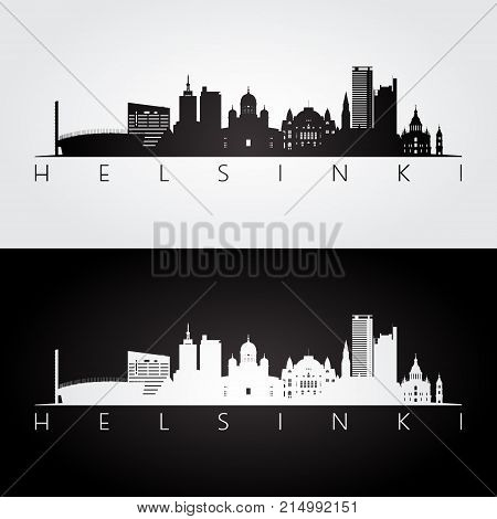 Helsinki skyline and landmarks silhouette black and white design vector illustration.