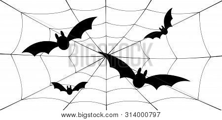 Bat Icons Set. Bat Wings, Black Web Silhouette Isolated White Background. Symbol Halloween Holiday, 