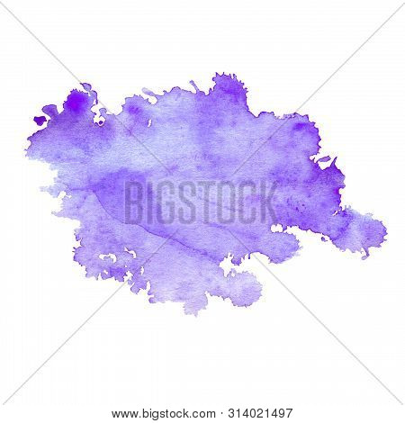 Watercolor Stain Of Neon Purple With Splashes And Stains. An Isolated Scarlet Spot On A White Backgr