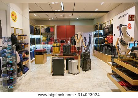 VIENNA, AUSTRIA - CIRCA MAY, 2019: goods on display at Samsonite store in Vienna International Airport.