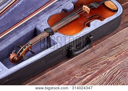 Vintage Violin In Velvet Case. Old Musical Instrument On Wooden Background. Classical Instrument Of 