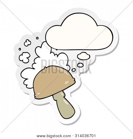 cartoon mushroom with spore cloud with thought bubble as a printed sticker