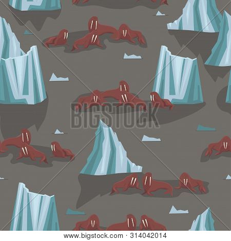 Walruses On Ice Floes And Icebergs. Seamless Pattern For Fabrics And Packaging Paper. Vector Image.