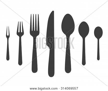 Vector Knife Forks Spoones Black Silhouettes. Different Size Spoon, Fork Set, Table-knife Icons Isol