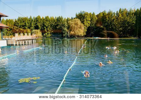Heviz, Hungary - September 27, 2018: Balneological Therapeutic Lake Heviz In Hungary With Warm Water