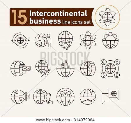 Intercontinental Business Line Icon Set. Partnership, Gear, Mobile Payment, World. Business Concept.