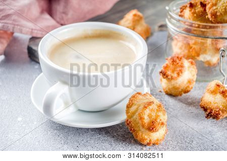 French Coconut Cookies Congolais With Coffee Mug, Grey Stone Or Concrete Background Copy Space