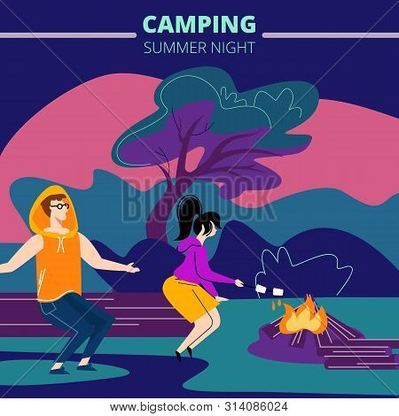 Young Couple Spending Time In Summer Camping, Man And Woman Characters Sitting Near Campfire At Nigh