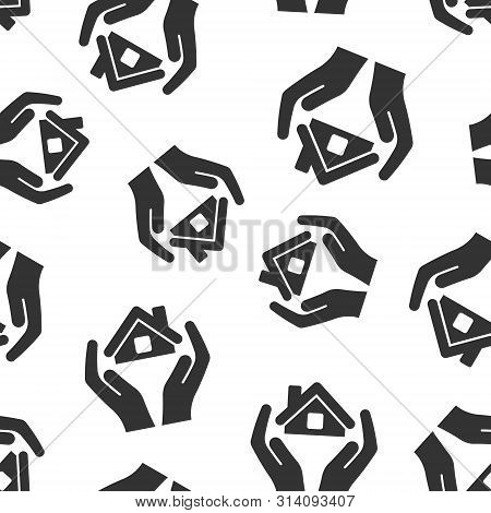 Home Care Icon Seamless Pattern Background. Hand Hold House Vector Illustration On White Isolated Ba