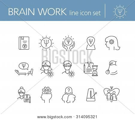 Brain Work Line Icon Set. Human Head, Gear, Psychologist Office. Psychology Concept. Can Be Used For