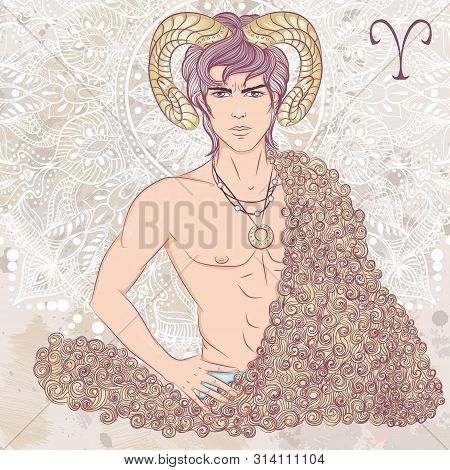 Zodiac. Vector Illustration Of The Astrological Sign Of Aries As A Man With A Naked Torso. The Illus