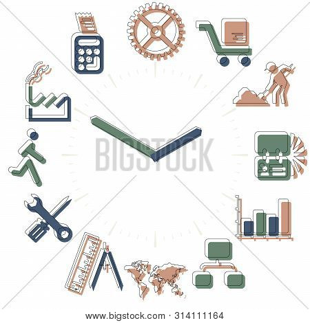 Working Time. Activities Icons In A Watch Sphere With Hours.