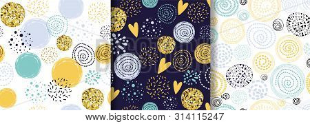 Glitter Gold Seamless Dotted Pattern With Blue Yellow Hand Drawn Circle Element Abstract Crearive Ba