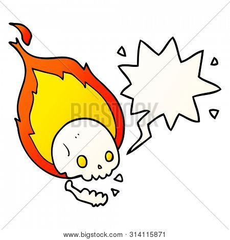 spooky cartoon flaming skull with speech bubble in smooth gradient style
