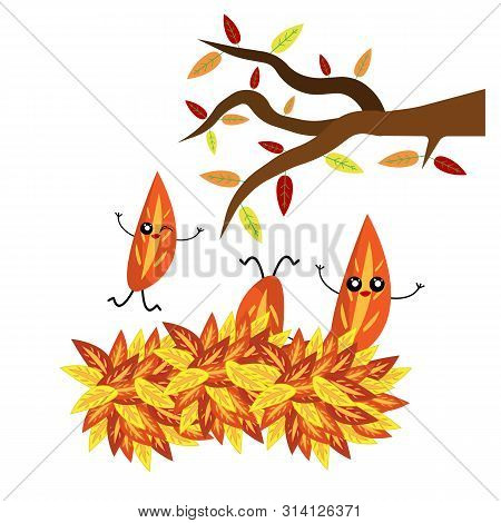Autumn Leaves Fallen From Tree To Ground Cartoon Characters On A White Background Bright Colors Of T