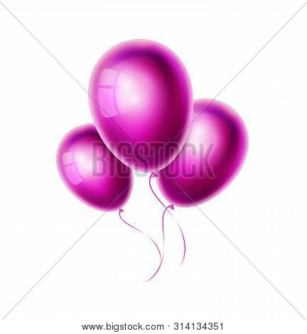Purple Balloons Group And Bunch Isolated On White Background. Glossy And Shiny Realistic Helium Ball