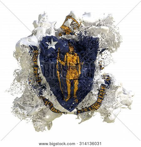 3d Rendering Of A Massachusetts Usa State Flag In A Liquid Fluid. Isolated On White Background