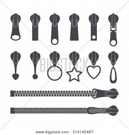 Zippers Silhouettes Set. Monochrome Zip Fastener And Pullers. Fashion Elements For Fabric Design And