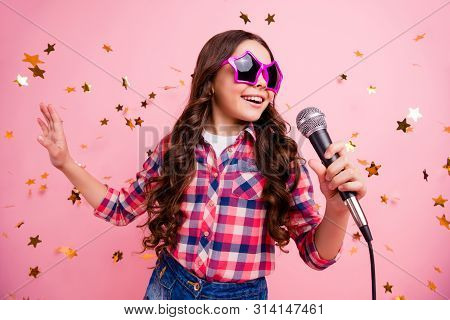 Close Up Photo Of Cool Attractive Crazy Lady Kid Have Fun Visit Event Future Musician Loud Voice Sol