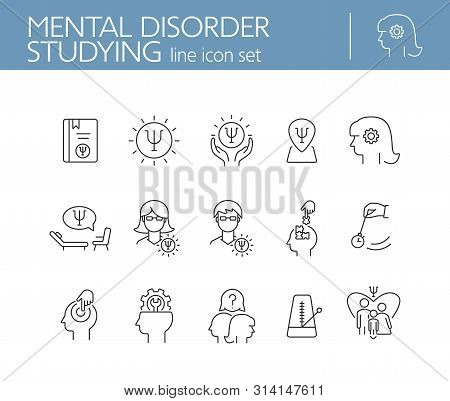 Mental Disorder Studying Line Icon Set. Psychologist, Hypnosis, Metronome. Psychology Concept. Can B
