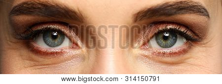 Detailed View Of Pretty Amazing Female Eyes On Happy And Excited Face Watching In Camera Close-up