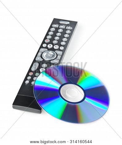 Dvd, Cd-rom Or Blu-ray Disc With Tv Or Disc Player Remote Control On White Background. Home Theatre 