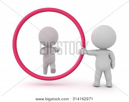 3D Character Trying To Jump Through Big Red Circle Held By Another Person