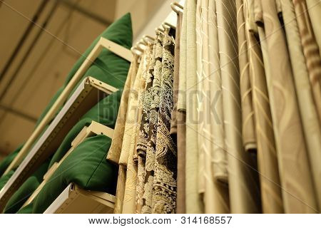 Sale - Colorful Fabrics In The Store, Close Up, Shopping Concept