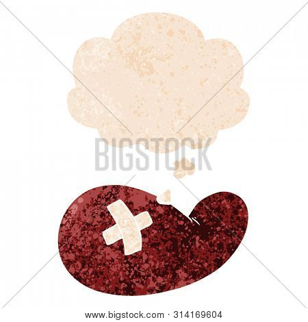 cartoon injured gall bladder with thought bubble in grunge distressed retro textured style
